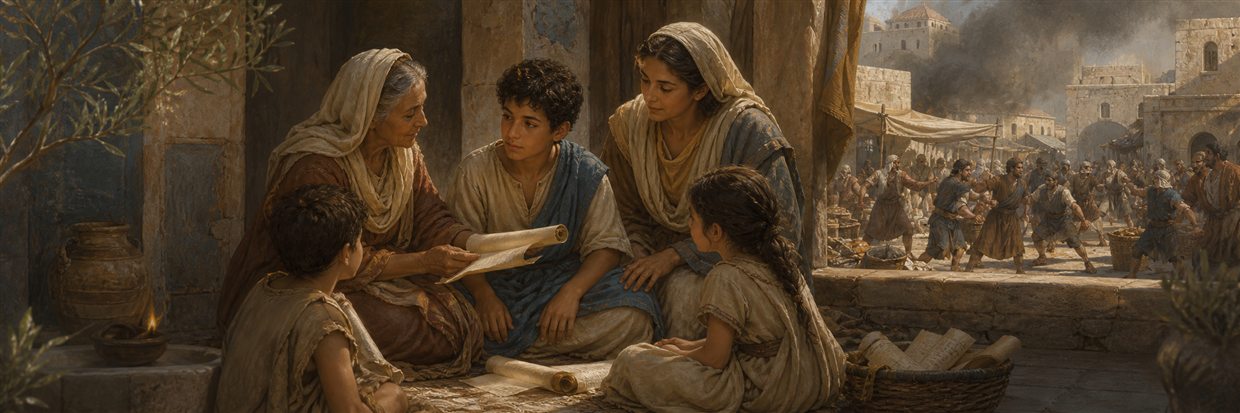 Timothy learning from blank scrolls with his mother and grandmother as distant unrest fills a marketplace